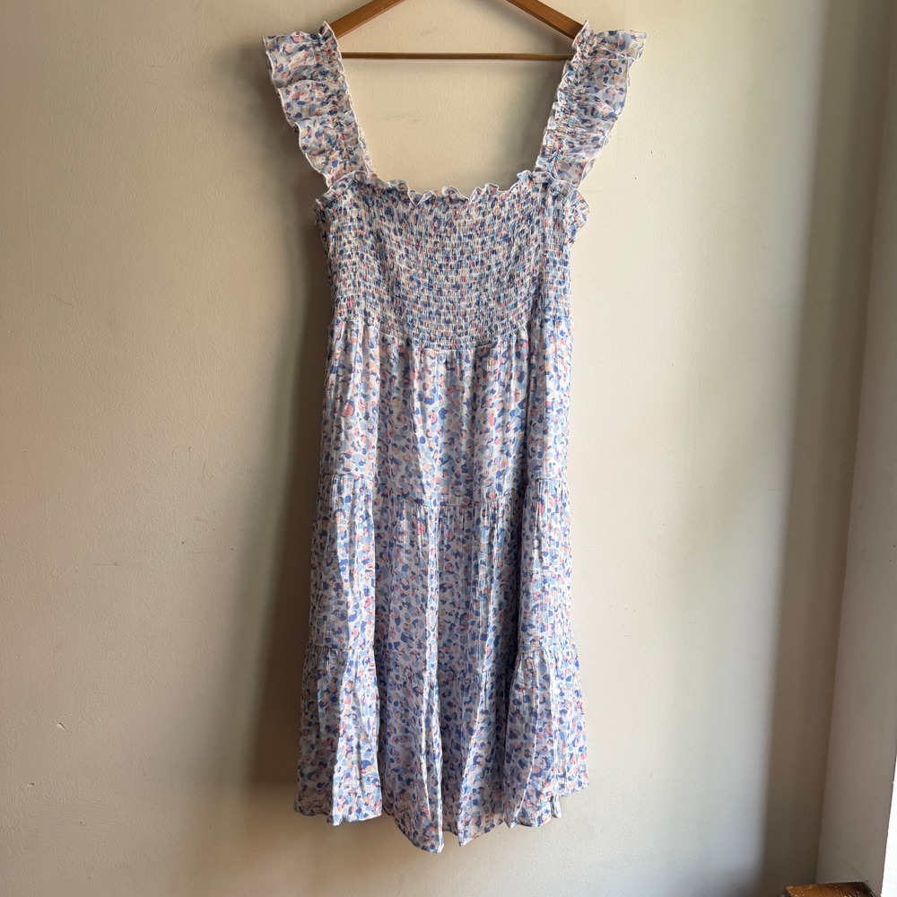 Nanette Lepore Smocked Tiered Ruffle Midi Dress Blue Pink Floral Size 14